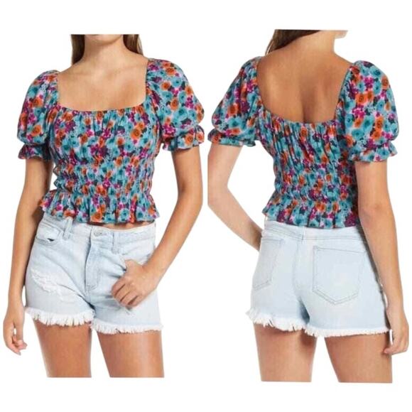 All In Favor floral off the shoulder ruffled peasant sleeve crop top NWT - Picture 1 of 6